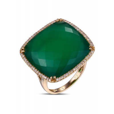 14K YELLOW GOLD RING WITH GREEN AGATE STONE AND WHITE DIAMONDS