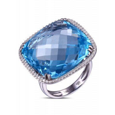 14K WHITE GOLD RING WITH BLUE TOPAZ GEM STONE AND WHITE DIAMONDS