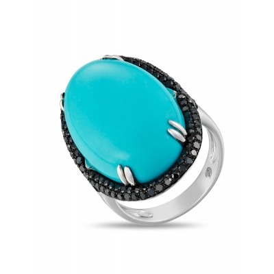 14K WHITE GOLD RING WITH TURQUOISE STONE AND BLACK DIAMONDS