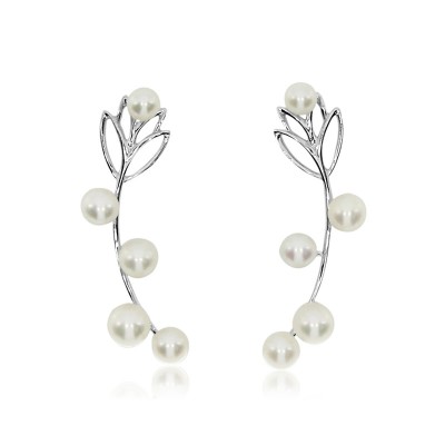 14k White Gold Leaf Cuff Pearl Earrings