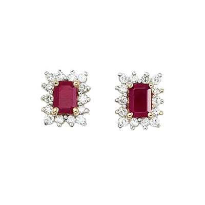 14k Yellow Gold Diamond and Octagonal Ruby Earring