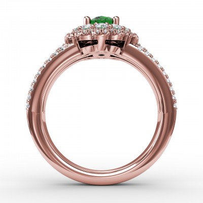 Emerald and Diamond Triple Row Split Shank Ring