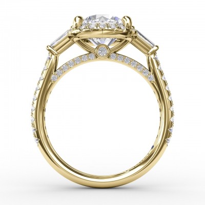 Vintage Round Diamond Halo Engagement Ring With Tapered Baguettes