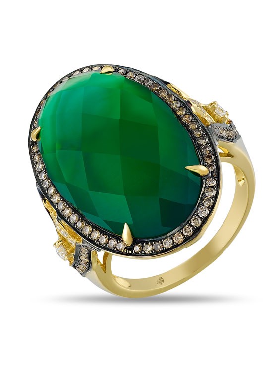 14K YELLOW GOLD RING WITH GREEN AGATE STONE WHITE AND BROWN DIAMONDS