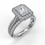 Classic Radiant Halo With Triple Pave Band Engagement Ring