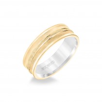 6.5MM Men's Wedding Band - White Gold Bright Soft Sand Finish With Milgrain Center With Rose Gold Interior And Flat Edge