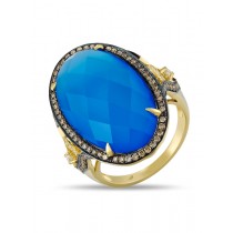 14K YELLOW GOLD RING WITH BLUE AGATE STONE, WHITE AND BROWN DIAMONDS