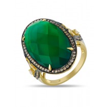 14K YELLOW GOLD RING WITH GREEN AGATE STONE,WHITE AND BROWN DIAMONDS