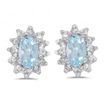 14k White Gold Oval Aquamarine And Diamond Earrings