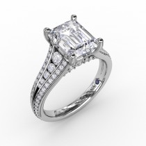 Contemporary Emerald Cut Diamond Solitaire Engagement Ring With Triple-Row Diamond Band