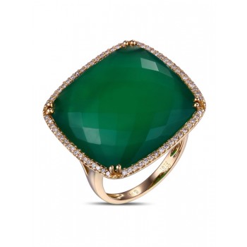 14K YELLOW GOLD RING WITH GREEN AGATE STONE AND WHITE DIAMONDS