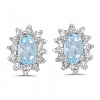 14k White Gold Oval Aquamarine And Diamond Earrings