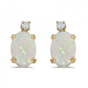 14k Yellow Gold Oval Opal And Diamond Earrings