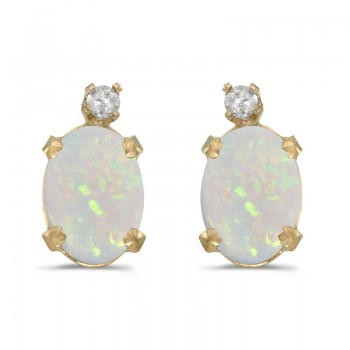 14k Yellow Gold Oval Opal And Diamond Earrings