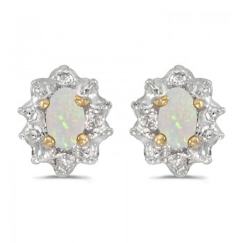 14k Yellow Gold Oval Opal And Diamond Earrings